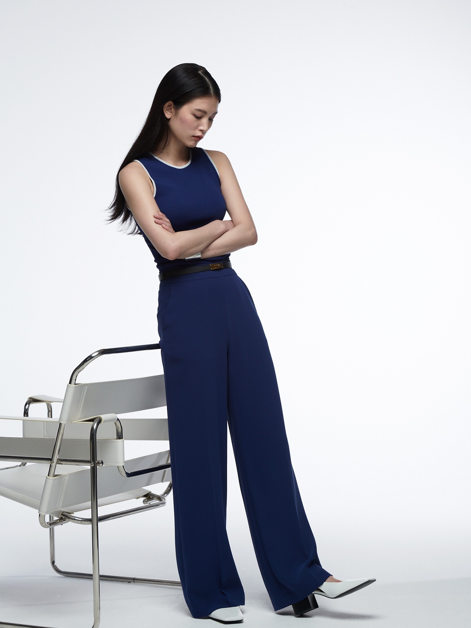 wide straight pants-navy